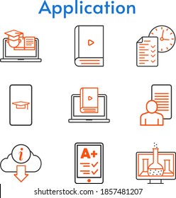 application set. included student-smartphone, chemistry, study, ereader, ebook, test, learn, training, information icons. bicolor styles.