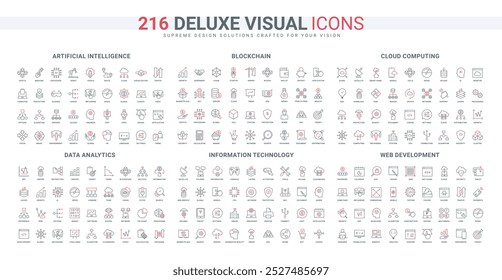 Configuraciones de aplicación y seguridad, contenido, código y diseño para el conjunto de iconos de línea de desarrollo de Web. Blockchain y cripto marketplace, análisis de datos delgados símbolos de contorno negro y rojo Ilustración vectorial