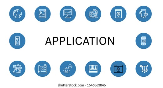 Application Simple Icons Set. Contains Such Icons As Earth, Curriculum, Data, Laptop, Map, Mobile, Programming, Chatbot, Newtons Cradle, Browser, Can Be Used For Web, Mobile And Logo