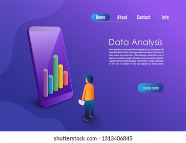 Application of Smartphone with business graph and analytics data on isometric mobile phone. Analysis trends and financial strategy by using infographic chart. Vector concept illustration