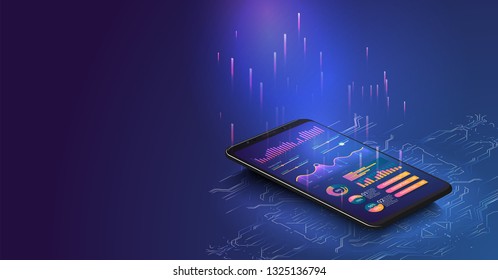 Application of smartphone with business graph and analytics data on isometric laptop . Analysis trends and financial strategy by using infographic chart. Online statistics and data Analytics. Vector