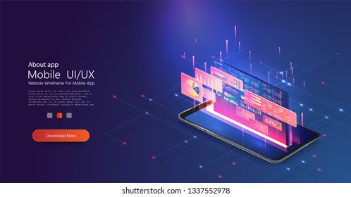 Application of smartphone with business graph and analytics data on isometric phone . Analysis trends and financial strategy by using infographic chart. Online statistics and data Analytics. Vector 