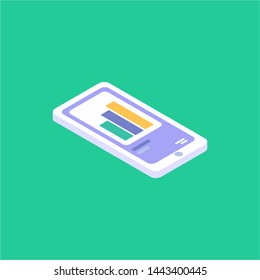 Application of Smartphone with business graph and analytics data on isometric mobile phone. Analysis trends and financial strategy by using infographic chart. Vector concept illustration