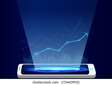 Application of Smartphone with business graph and analytics data on isometric mobile phone. Analysis trends and financial strategy by using infographic chart. Vector concept illustration
