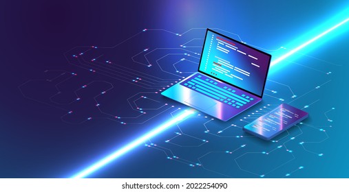 Application of Smartphone with business graph and analytics data on isometric mobile phone. Analysis trends and software development coding process concept. Programming, testing cross platform code