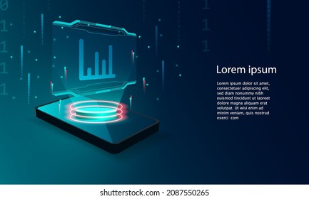Application of Smartphone with business graph and analytics data on isometric mobile phone.