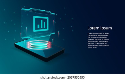 Application of Smartphone with business graph and analytics data on isometric mobile phone.
