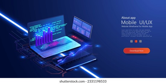 Application of Smartphone with business graph and analytics data on isometric mobile phone. Analysis trends and software development coding process concept. Programming, testing cross platform code.