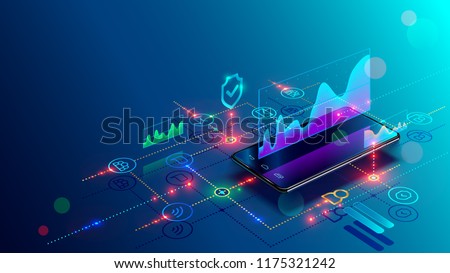 Application of Smartphone with business graph and analytics data on isometric mobile phone. Analysis trends and financial strategy by using infographic chart. Vector concept illustration