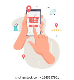 Application, smartphone in hand, ordering food, products, location. Vector food and fastfood online order, person tapping on screen to deliver food. Red shopping cart trolley, mobile app mockup