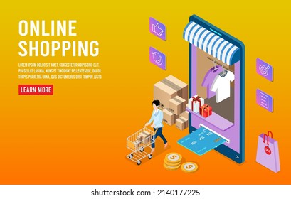 Application smartphone mobile and computer payments online transaction. Woman characters shopping online process on laptop.  Vecter cartoon illustration isometric design.