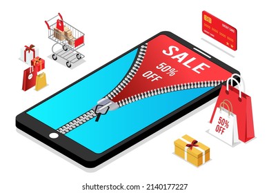 Transacción en línea de pagos por smartphone y por ordenador para aplicaciones. Comprar en línea por smartphone. Ilustración de dibujos animados de vecter diseño isométrico.