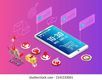 Application smartphone mobile and computer payments online transaction. Shopping online process on smartphone. Vecter cartoon illustration isometric design.