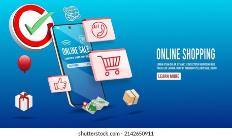 Application smartphone mobile and computer payments online transaction. Shopping online process on smartphone. Vecter cartoon illustration isometric design.
