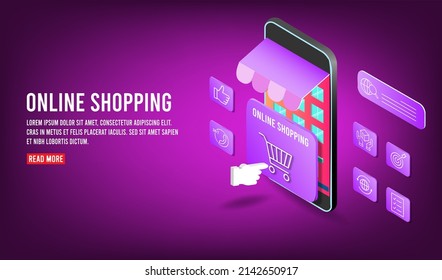Transacción en línea de pagos por smartphone y por ordenador para aplicaciones. Comprar en línea por smartphone. Ilustración de dibujos animados de vecter diseño isométrico.
