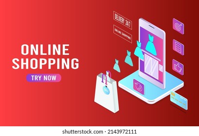 Application smartphone mobile and computer payments online transaction. Shopping online process on smartphone. Vecter cartoon illustration isometric design.
