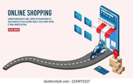 Application smartphone mobile and computer payments online transaction. Man delivery sending order to customer on location. Vecter cartoon illustration isometric design.