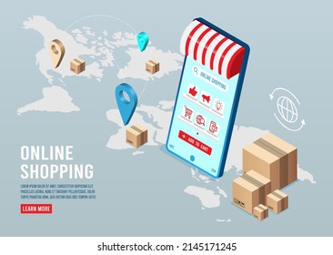 Application smartphone mobile and computer payments online transaction. Shopping online process on smartphone. Vecter cartoon illustration isometric design.