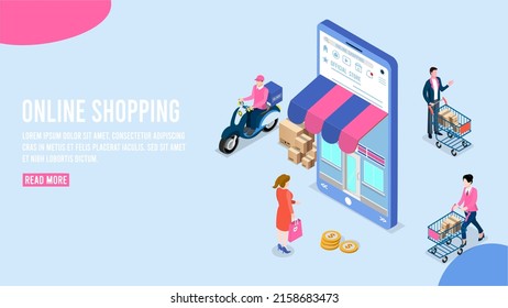 Application smartphone mobile and computer payments online transaction. Shopping online process on smartphone. Vecter cartoon illustration isometric design.