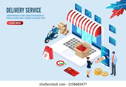 Application smartphone mobile and computer payments online transaction. Shopping online process on smartphone. Vecter cartoon illustration isometric design.