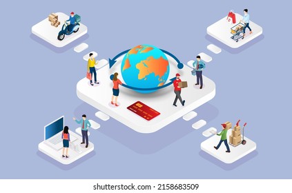 Application smartphone mobile and computer payments online transaction. Shopping online and sending product by delivery. Vecter cartoon illustration isometric design.