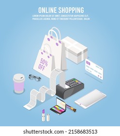 Application smartphone mobile and computer payments online transaction. Shopping online process on smartphone. Vecter cartoon illustration isometric design.