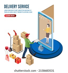 Application smartphone mobile and computer payments online transaction. Shopping online process on smartphone. Vecter cartoon illustration isometric design.