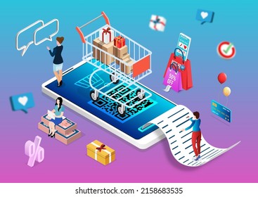 Application smartphone mobile and computer payments online transaction. Shopping online process on smartphone. Vecter cartoon illustration isometric design.