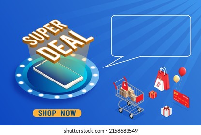 Application smartphone mobile and computer payments online transaction. Shopping online process on smartphone. Vecter cartoon illustration isometric design.