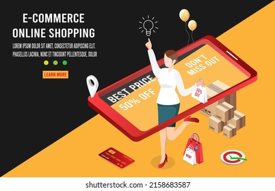 Application smartphone mobile and computer payments online transaction. Shopping online process on smartphone. Vecter cartoon illustration isometric design.