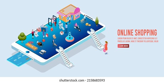 Application smartphone mobile and computer payments online transaction. Shopping online process on smartphone. Vecter cartoon illustration isometric design.