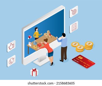 Application smartphone mobile and computer payments online transaction. Shopping online process on smartphone. Vecter cartoon illustration isometric design.