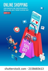 Application smartphone mobile and computer payments online transaction. Shopping online process on smartphone. Vecter cartoon illustration isometric design.