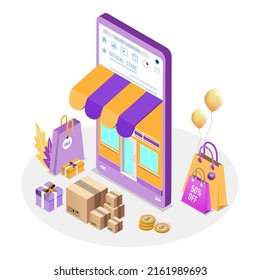 Application Smartphone Mobile And Computer Payments Online Transaction. Shopping Online Process On Smartphone. Vecter Cartoon Illustration Isometric Design.