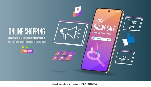 Application smartphone mobile and computer payments online transaction. Shopping online process on smartphone. Vecter cartoon illustration isometric design.