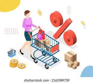 Application smartphone mobile and computer payments online transaction. Shopping online process on smartphone. Vecter cartoon illustration isometric design.