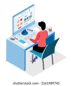 Application smartphone mobile and computer payments online transaction. Shopping online process on smartphone. Vecter cartoon illustration isometric design.