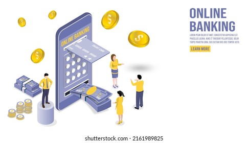 Application smartphone mobile and computer payments online transaction. Shopping online process on smartphone. Vecter cartoon illustration isometric design.