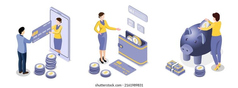 Application smartphone mobile and computer payments online transaction. Shopping online process on smartphone. Vecter cartoon illustration isometric design.