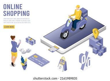 Application smartphone mobile and computer payments online transaction. Shopping online process on smartphone. Vecter cartoon illustration isometric design.