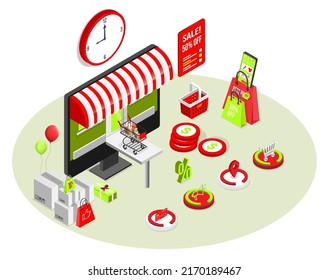 Application smartphone mobile and computer payments online transaction. Shopping online process on smartphone. Vecter cartoon illustration isometric design.