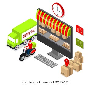 Application smartphone mobile and computer payments online transaction. Shopping online process on smartphone. Vecter cartoon illustration isometric design.