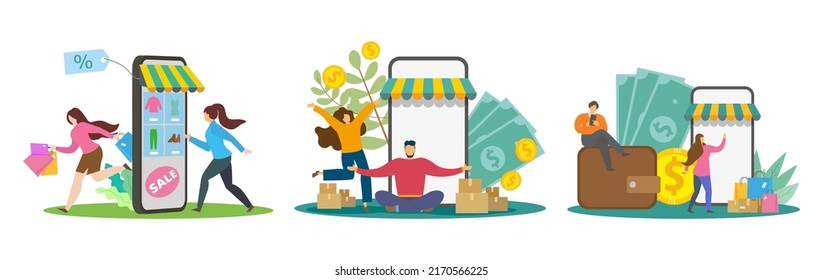 Application smartphone mobile and computer payments online transaction. Shopping online process on smartphone. Vecter cartoon illustration isometric design.