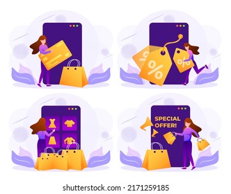 Application smartphone mobile and computer payments online transaction. Shopping online process on smartphone. Vecter cartoon illustration isometric design.