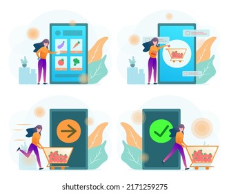 Application smartphone mobile and computer payments online transaction. Shopping online process on smartphone. Vecter cartoon illustration isometric design.