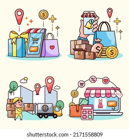 Application smartphone mobile and computer payments online transaction. Shopping online process on smartphone. Vecter cartoon illustration isometric design.