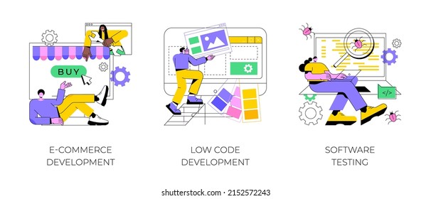 Application software abstract concept vector illustration set. E-commerce development, low code development, IT software testing, online shopping app coding, QA team, bug fixing abstract metaphor.