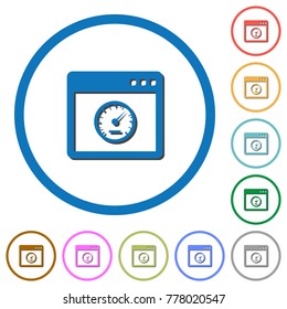 Application speed flat color vector icons with shadows in round outlines on white background