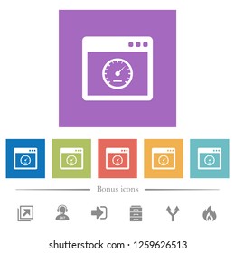 Application speed flat white icons in square backgrounds. 6 bonus icons included.