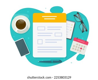 Application statement filling table desk top view vector, office paper document claim writing pen, admission registration tax form, questionnaire survey blank, job apply service, insurance policy